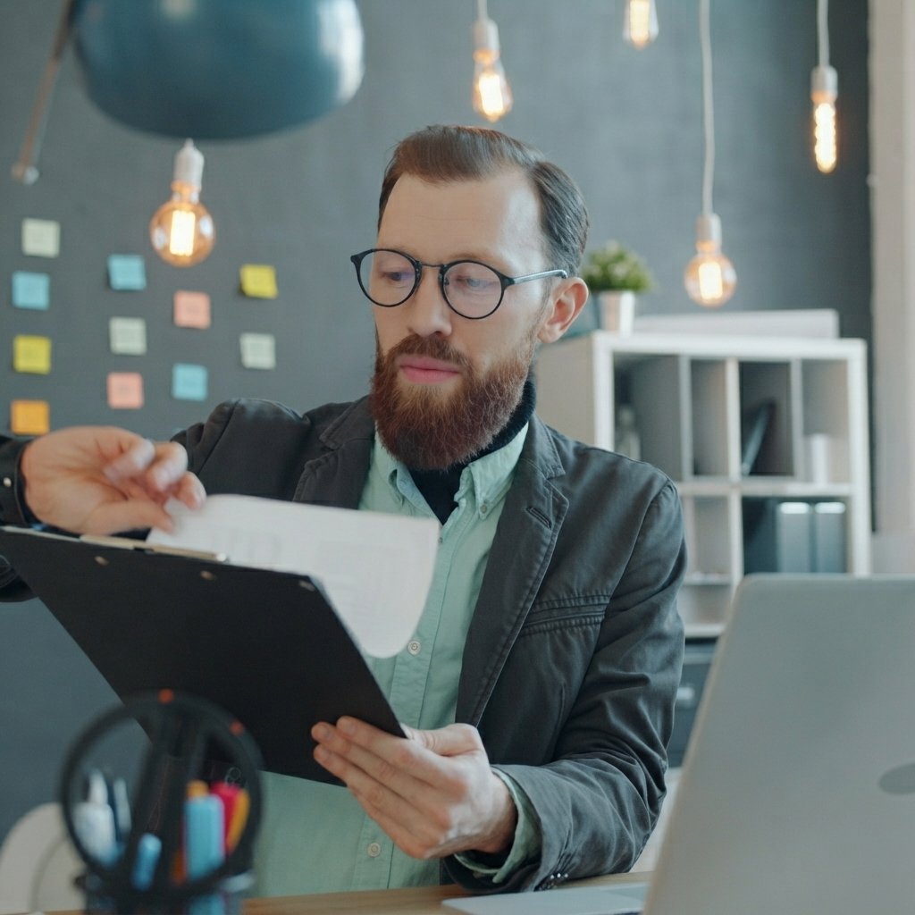 Man in glasses reviewing documents at desk