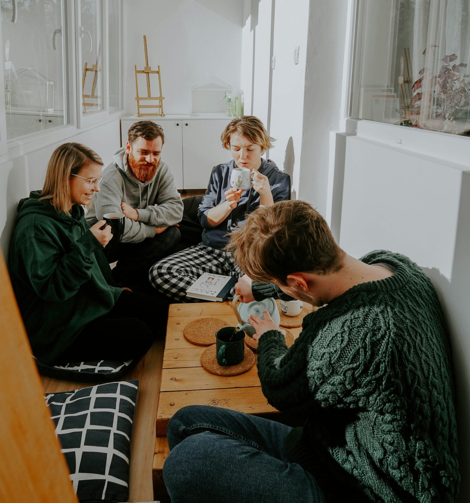 a group of people standing in a room
